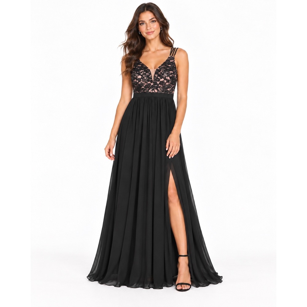 Morgan & Co Womens Black Lace Blush Chiffon Maxi Gown High Slit Dress Size 5